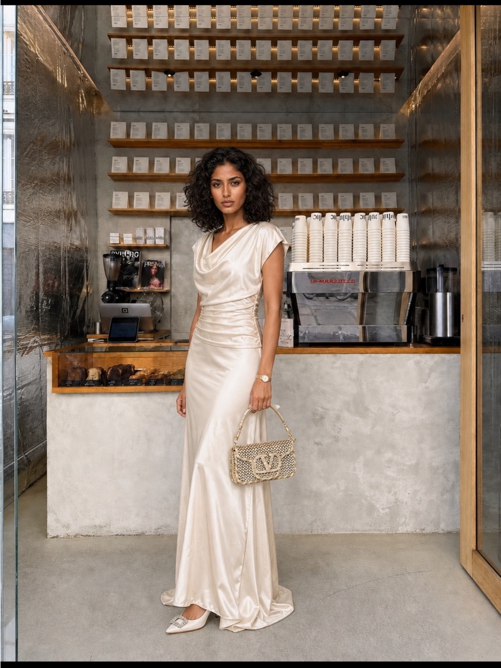 NWT Cream Satin Evening Gown with Lace-Up Back